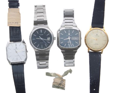 Buler Quartz stainless steel gentleman's bracelet watch, black dial, 37mm; together with a Junghans Quartz stainless steel ge