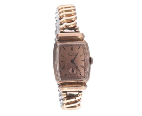 Gruen Curvex Precision 10k gold filled rectangular curved wristwatch, the bronzed dial with Arabic numerals and subsidiary se