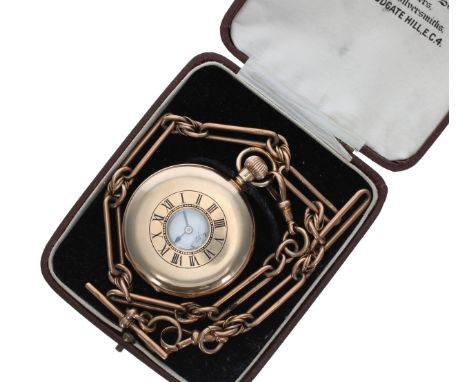 J.W. Benson 9ct lever half hunter pocket watch with an Albert watch chain, the watch hallmarked London 1936, signed 15 jewel 