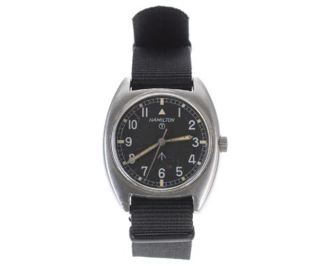 Hamilton British Military RAF pilot's stainless steel wristwatch, circa 1973, black dial with Arabic numerals, luminous dot m