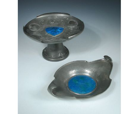 A Liberty & Co. Tudric pewter and enamel basket, no. 01497, with central turquoise enamel, together with a Tudric tazza, no. 