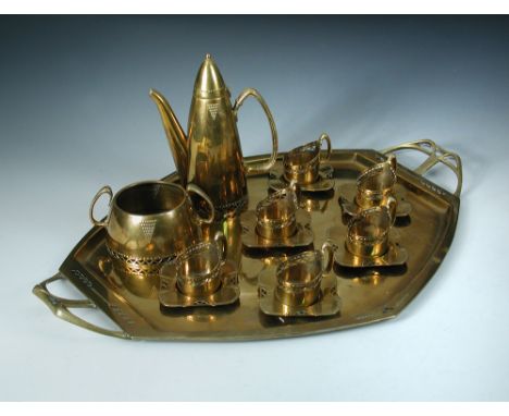 An Argentor Secessionist style brass mocha set, comprising mocha jug, sugar basin, six can holders and a tray, together with 