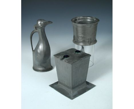 A Kayserzin pewter ewer in the form of a duck, together with a Kayserzin pewter pot cast with mistletoe and an Osiris pewter 