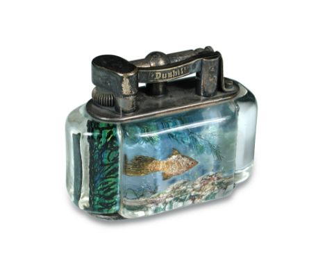 A Dunhill Aquarium table lighter, the lucite panels decorated with fish and aquatic foliage 8 x 10cm (3 x 4in) The lucite (pe