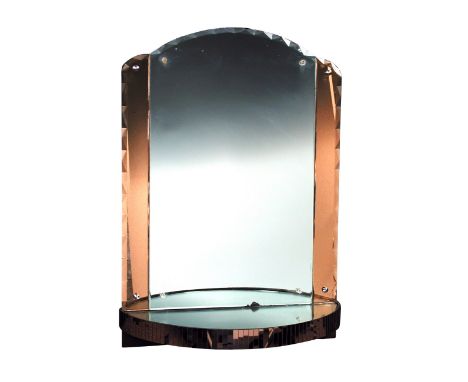 An Art Deco style mirrored wall shelf, the shaped backplate flanked by rose-coloured panels above a crescent shaped shelf 86 