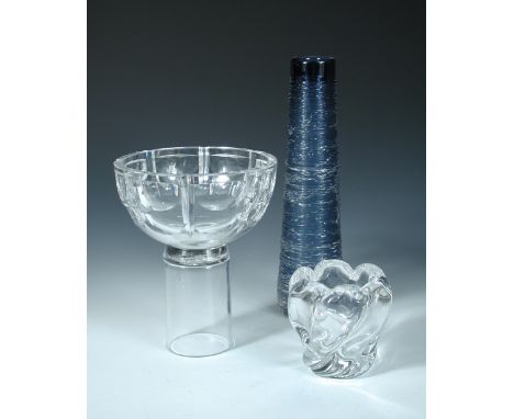 Bengt Edenfalk for Skruf Sweden, a tall blue 'Spun' glass vase, etched marks, together with an Orrefors glass bowl by Simon G