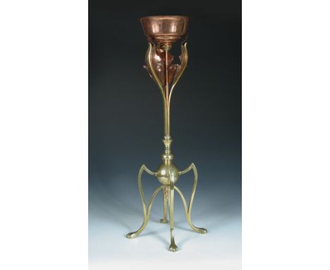 W.A.S. Benson, a copper and brass bowl on stand or oil lamp base, model no. 116, the copper bowl above three leaves to a bras