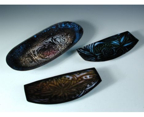 Paolo de Poli, a purple, blue and white enamel dish, of rounded rectangular form, signed to base, together with two smaller e