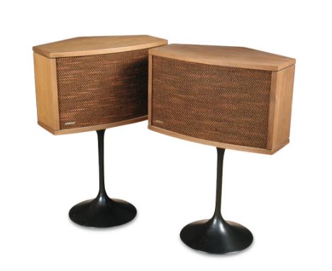 A pair of BOSE 901 Series IV direct reflecting speakers, teak cased, on aluminium pedestal stands finished in black with owne