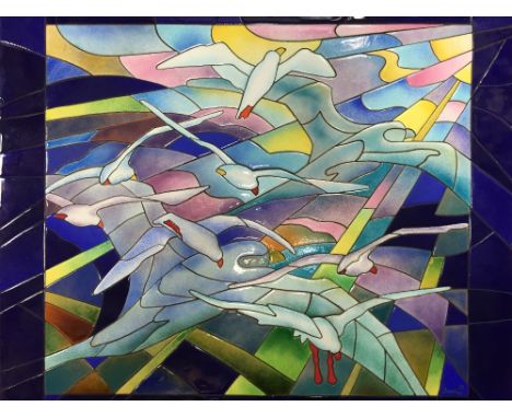 An enamel mosaic plaque, signed Justina, (19)77, the enamelled copper panel depicting seagulls in flight, Atelier Fur Kleinod