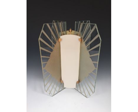 An Art Deco hanging hall light, the cruciform lantern with four clear glass wings each etched with sunburst motifs to a squar