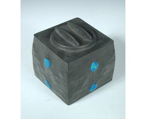 Archibald Knox for Liberty & Co, a Tudric pewter and enamel biscuit box and cover, no. 0194, stamped marks 12 x 12cm (5 x 5in