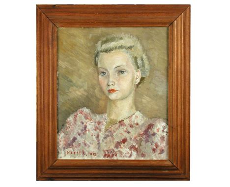 § John Napper (British, 1916-2001) Portrait of a lady in a pink dress signed lower left "Napper 1943" oil on board 45 x 38cm 