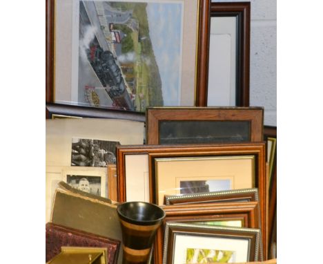 Pictures and prints ; a carriage clock, presented to R. Hawkins for 35 years service with British rail, ; flatware ; ephemera