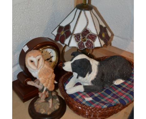 A Country Artist barn owl ca431 ; a resin model of a border collie in a wicker dog basket ; a lamp ;  a mantel clock 