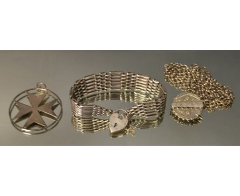 Silver Jewellery - a gate bracelet, padlock clasp;  a Maltese cross pendant necklace;  an Aesthetic Movement brooch (3)