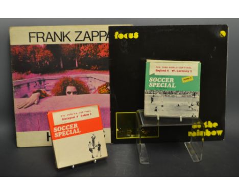 Music and Sport - a Frank Zappa Hot Rats vinyl record, K44078; another Focus at the Rainbow, 5C-038-24939; Super 8 Soccer Spe