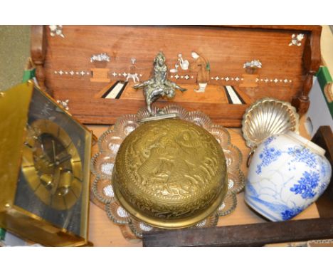 An Indian hardwood and marquetry tray; a Keininger & Obergfell electric mantel clock; etc