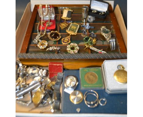 Coins and Jewellery - a pair of silver hoop earrings; Citizen and other wristwatches; a sterling silver Tower of London anniv