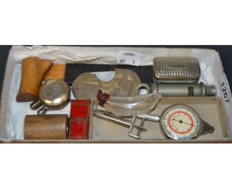 A miniature Hohner mouth organ; map measure; snuff box; lighter; etc.