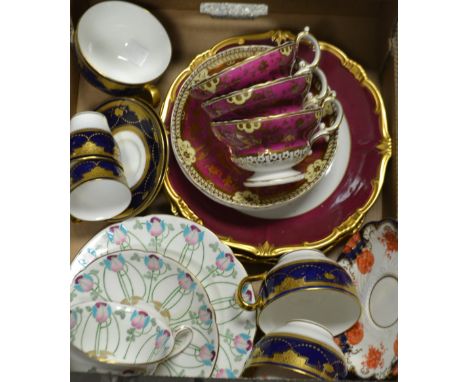 Ceramics- a Wileman & Co Foley trio; Mintons cups and saucers, cobalt blue band with gilt swags and panels; Paragon Imari pal