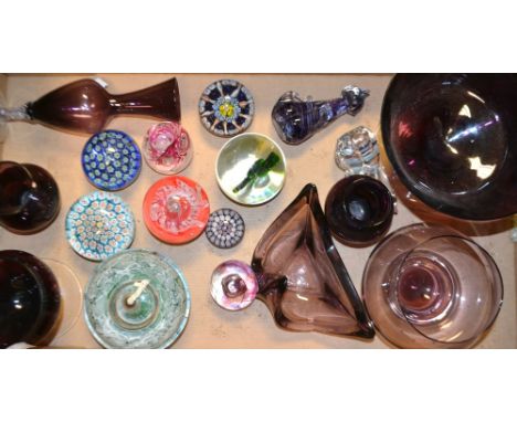 Glassware - a millefiori multi-colour cane paperweight; others; an amethyst glass bowl; vase; etc.; qty