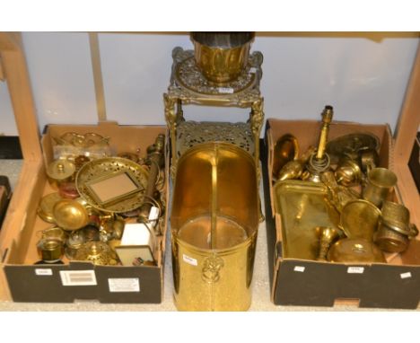 Brassware - a two tier cake stand, planter, tankards, coal box, lamps etc (2 boxes)