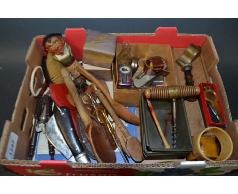 A corkscrew; nutcracker; figural bottle stopper; whistles; Patience card set; other curiosities; bone dominoes, boxed; qty