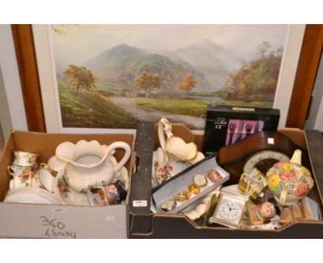 A Royal Stafford tea service; costume jewellery; a Rex Preston print; wash jugs and bowls; a Smiths oak mantle clock; carriag