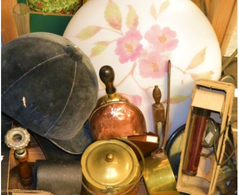 Boxes and objects - An opaque glass  ceiling light shade ; a riding hat , other associated items; a brass saucepan ; a copper