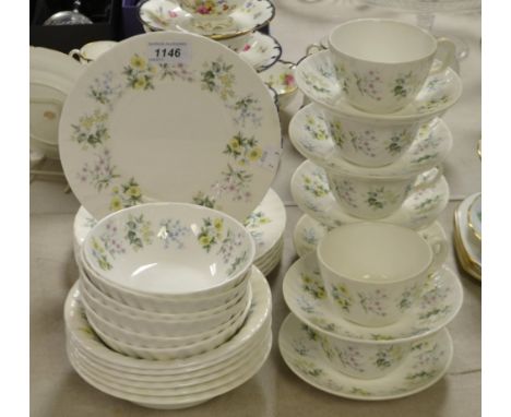 A Minton Spring Valley pattern part table service, including six cups and saucers, bowls, plates etc, seconds, printed marks