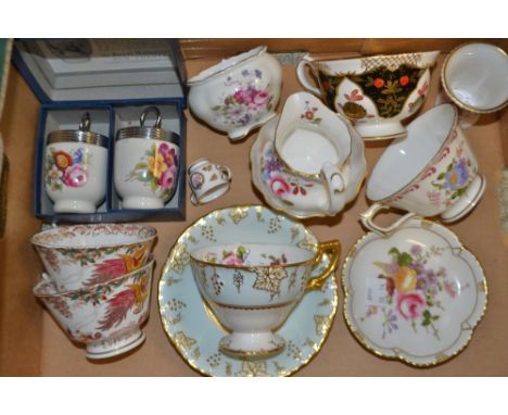 Royal Crown Derby - a vine cup and saucer,  posies milk and sugar etc, a pair of Old Aves cups;  an Abbeydale Chrysanthemum c