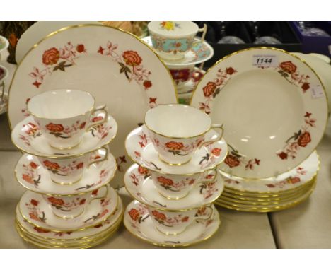 A Royal Crown Derby Bali pattern tea service for four, cake plates, cups, saucers, side plates etc. seconds, printed marks qt