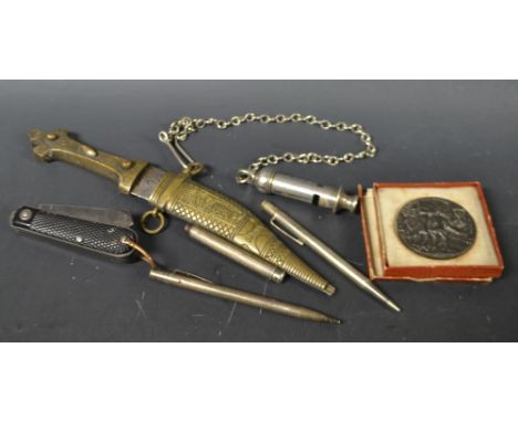 Gentleman' s items - a Herbert Robinson, Sheffield World War II period pocket knife, issue marks 1941; a whistle on chain;  a