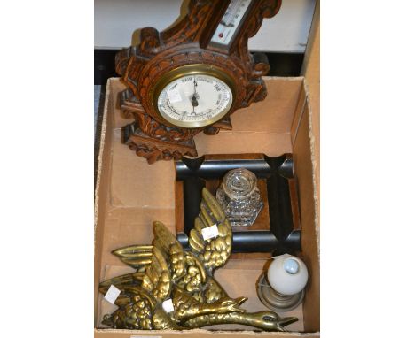 An Oak carved wall barometer; an ink stand; brass flaying mallards, etc. 