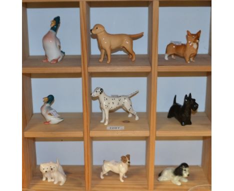 Beswick Animals - a Dalmation, Cairn Terrier, Corgi, West Highland Terrier, Duck etc, printed marks, (9)