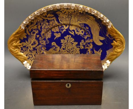 A Royal Crown Derby Gold Aves pattern colbalt ground meat plate:  An early 19th century mahogany tea caddy, the cover enclosi