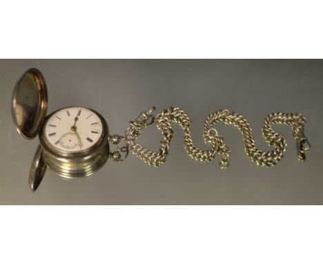 A Victorian silver hunter case pocket watch, white dial, Roman numerals, subsidiary seconds, fusee manual key wind movement, 