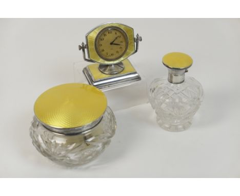 George V silver and yellow enamelled dressing table clock, maker A.L.D., Birmingham 1914, having a circular dial with Arabic 