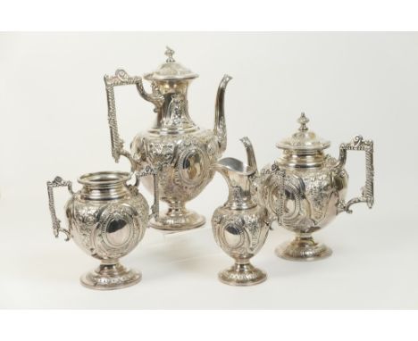 Walker & Hall electroplated four piece tea  and coffee service, comprising coffee pot, teapot, sucrier and milk jug, each of 