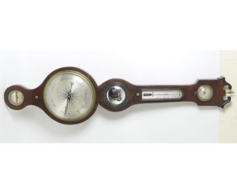 Late Regency mahogany wheel barometer, by M Barnasconi, Leeds, 21cm silvered main dial with humidity indicator, thermometer a