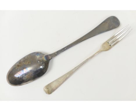George II silver Hanoverian table spoon, by Starling Wilford, circa 1727, low marks, engraved with initials; also a George II