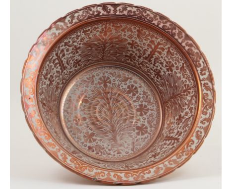 Cantigalli basin in the Hispano Moresque style, decorated throughout with stylised flowers and foliage in pink lustre, painte