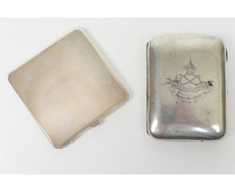 Silver compact, Birmingham 1947, square form with engine turned decoration, inscribed to the inside cover; also a silver ciga