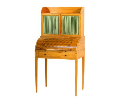 Satinwood and parquetry cylinder bureau in the Sheraton style, late 20th Century, the back with two fabric pleated doors open