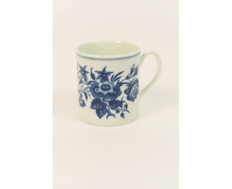 Worcester blue and white printed coffee can, decorated with the three flowers pattern, circa 1770, hatched crescent mark, 6cm