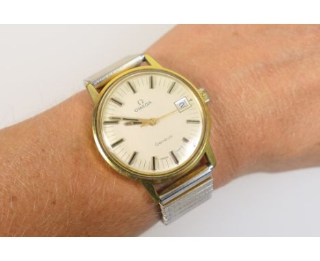 Omega gent's gold plated wristwatch, 30mm champagne coloured dial with baton numerals, centre sweep seconds and date aperture