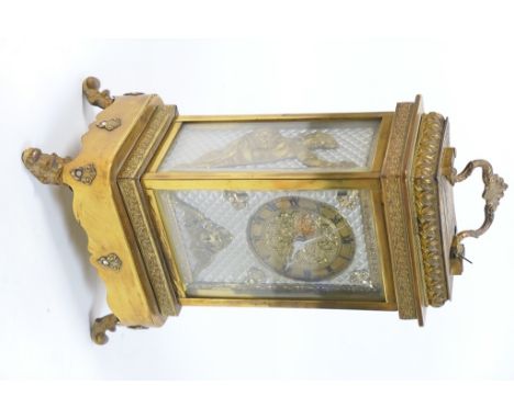 French brass mantel clock by Jonas, Paris, circa 1900, the case with silvered quilted panels to the sides embellished with br