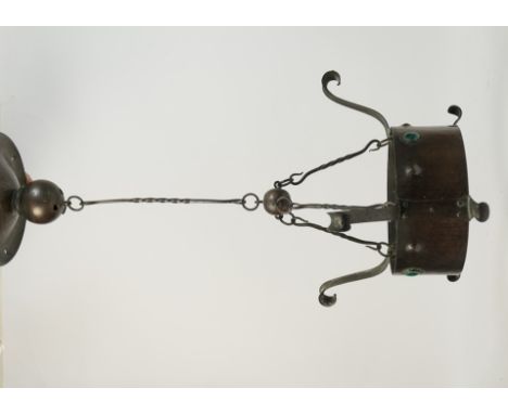 Arts & Crafts period hammered copper hanging light frame, in the style of W.A.S Benson, the ring punctuated with three Ruskin