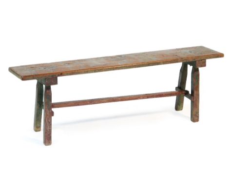 Provincial elm partially painted bench, raised on square legs with an H-stretcher, width 146cm, depth 30cm, height 47cm